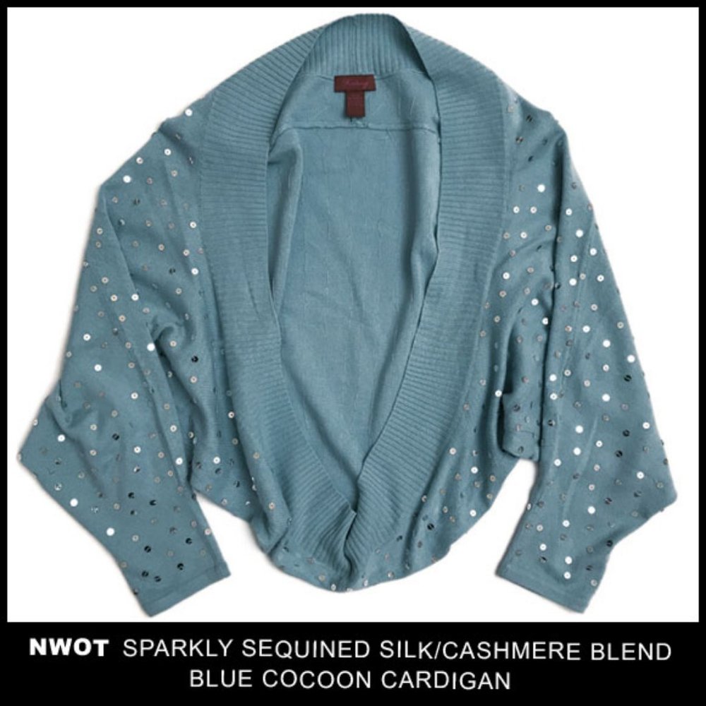 Sparkly Sequined Silk/Cashmere Blend Blue Cocoon Cardigan One Size